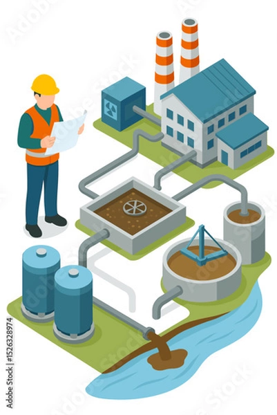 Obraz Isometric industrial wastewater treatment plant concept. Engineer with blueprint at a factory. Water purification, filtration, and sewage cleaning system. River pollution and ecology.