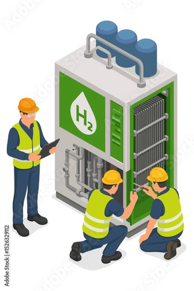 Obraz Isometric hydrogen electrolyzer station vector illustration. Engineers performing maintenance on H2 production equipment. Green energy, sustainable technology, renewable fuel concept.