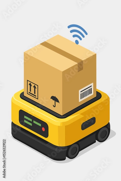 Fototapeta Smart logistics robot concept with autonomous mobile robot carrying cardboard box. Warehouse automation with AGV. Wireless technology for supply chain management. Isometric vector.