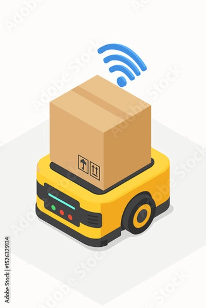Obraz Smart logistics robot for warehouse automation. Isometric illustration of an autonomous mobile robot (AMR) carrying a box. Automated guided vehicle (AGV) for package delivery.