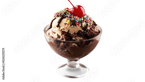Fototapeta Chocolate ice cream sundae with brownie topping, cherry, and sprinkles