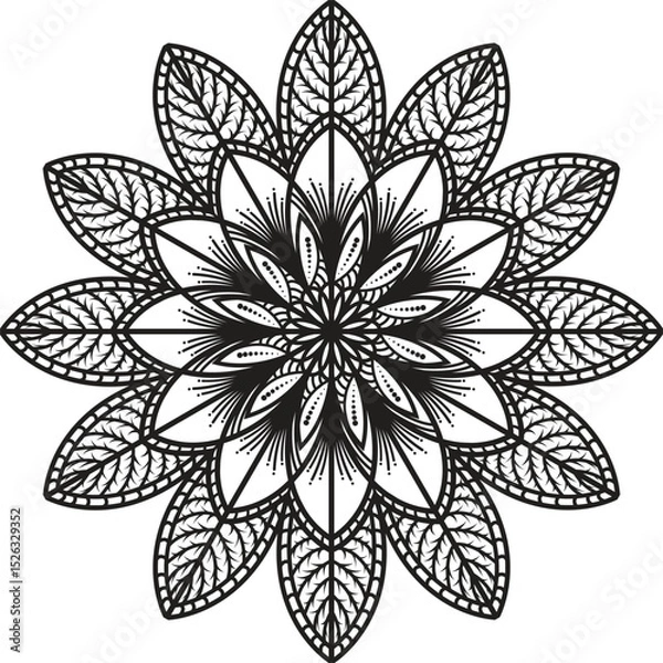 Fototapeta Intricate Black and White Mandala Design with Floral and Leaf Motifs