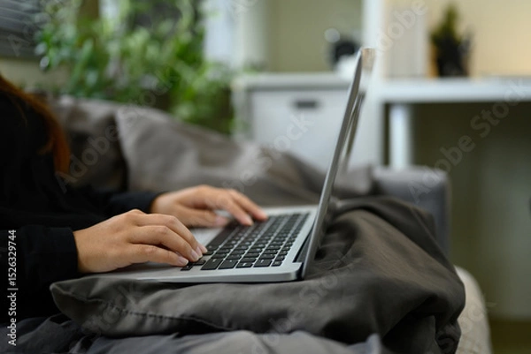 Fototapeta Side view of freelancer types on a laptop while resting on a sofa