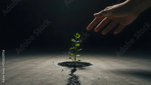 Obraz Small Green Plant Seedling Spotlighted with Hand Above