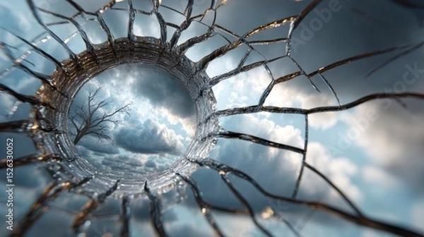 Obraz A cracked mirror reflecting a cloudy sky, symbolizing shattered identity and internal conflict.