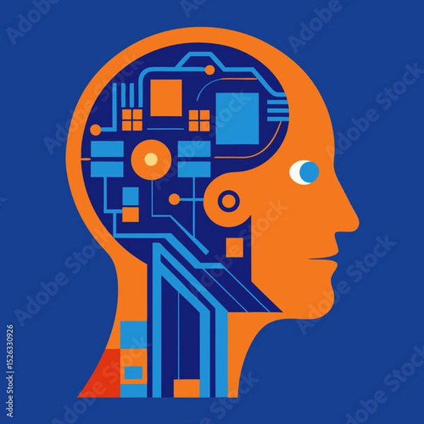 Fototapeta "High-Tech AI Interface – Abstract Robot Head with Neon Tech Elements in Vector Style"

