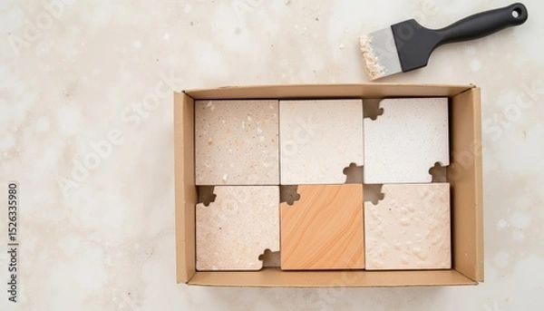 Fototapeta Box with sample tiles and paintbrush on marble surface