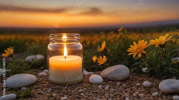 Obraz Serene Sunset Scene with Lit Candle in Jar and Yellow Flowers