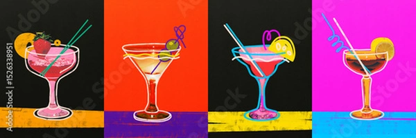 Fototapeta Abstract art design. Collage. Four vibrant cocktails with garnishes and straws against black and vibrant colored backgrounds in columns. Concept of pop drink art, party, celebration. .