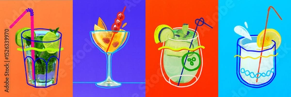 Fototapeta Abstract art design. Collage. Four different cocktails with various fruits and straws in glasses against vibrant colored backgrounds. Concept of tropical mixology, party time.
