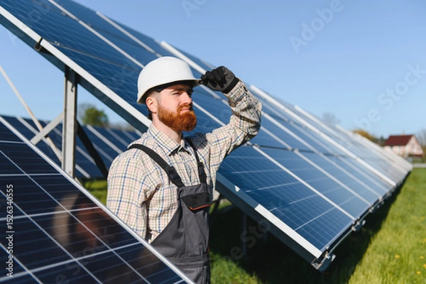 Fototapeta Engineer installing solar panels in solar power station adjusting hard hat