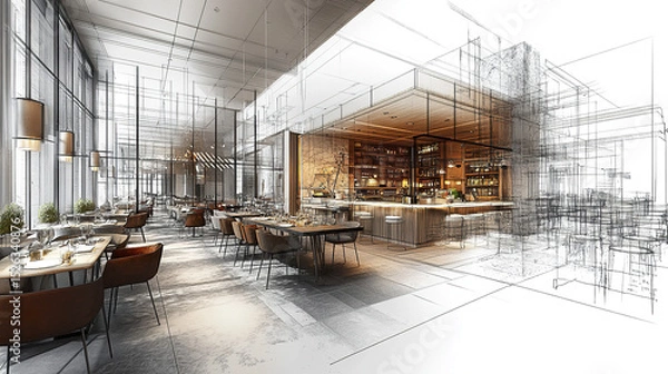 Fototapeta modern dining interior design featuring blend of sketch and realistic elements, creating unique