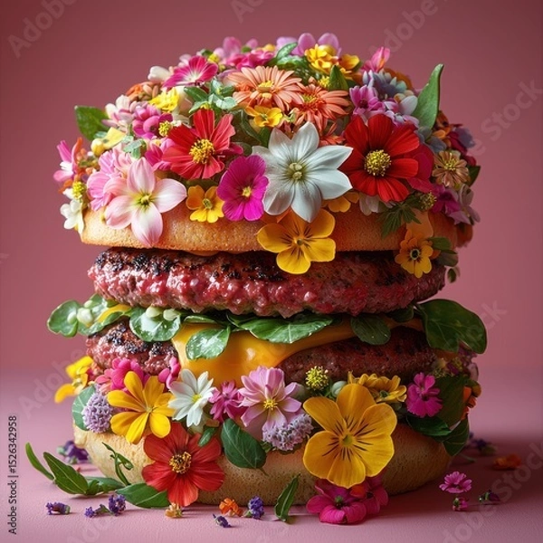 Fototapeta Creative cheeseburger with edible flowers, grilled beef patties, cheese, and fresh greens on a pink background Generative AI