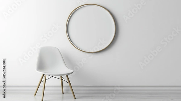 Fototapeta Minimalist design with white chair and circular frame on white wall