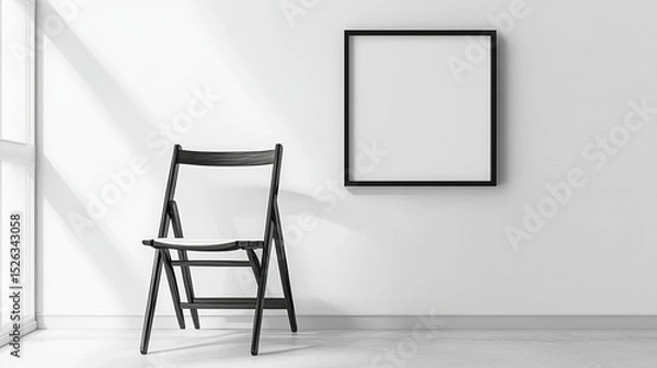 Fototapeta minimalist black chair beside blank frame on white wall creates serene atmosphere