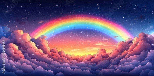 Fototapeta Fantasy night sky with glowing rainbow arch and colorful clouds over a dreamy starlit horizon Generative AI