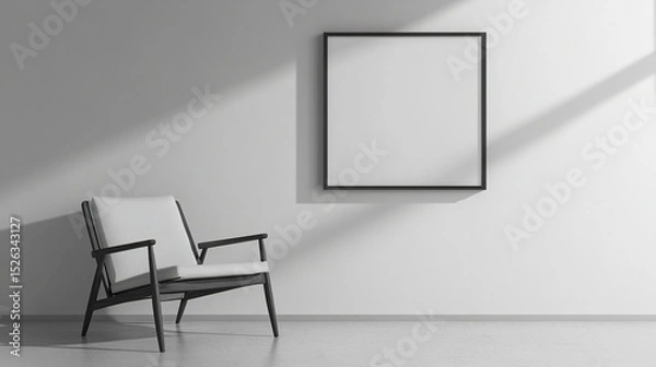 Fototapeta modern chair beside blank frame on minimalist wall, creating serene atmosphere