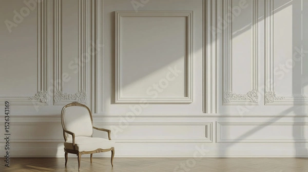 Fototapeta Elegant white wall with blank frame and vintage chair, creating serene atmosphere