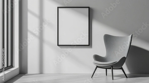 Fototapeta modern gray chair beside blank picture frame on minimalist wall, creating serene atmosphere