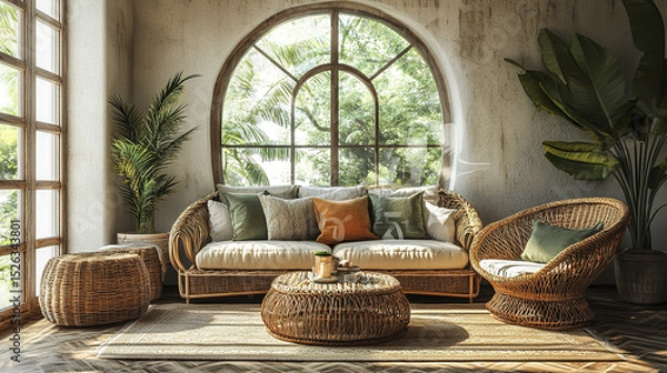 Fototapeta cozy boho living room featuring rattan sofa, decorative cushions, and lush greenery
