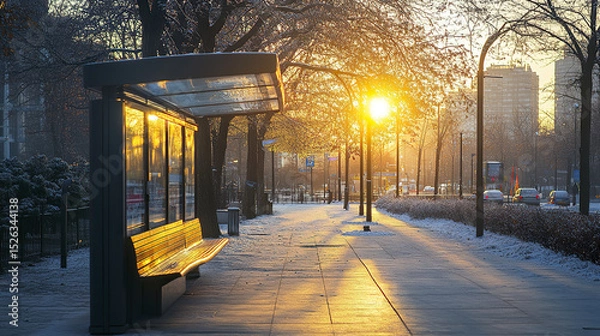 Fototapeta serene winter morning at bus stop, with sunlight illuminating snowy path