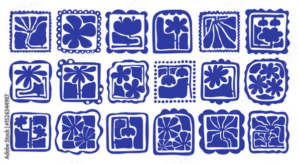 Fototapeta Matisse curves aestethic. Groovy abstract flower art set. Organic floral doodle shapes in trendy naive retro hippie 60s 70s style. Botanic vector illustration in blue color.