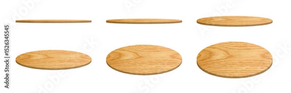 Fototapeta Realistic 3D wooden plate podium with top, perspective, and side views. Round wood platforms for product display, cosmetics, presentation, or exhibition. Eco-friendly circular stands, isolated vector.