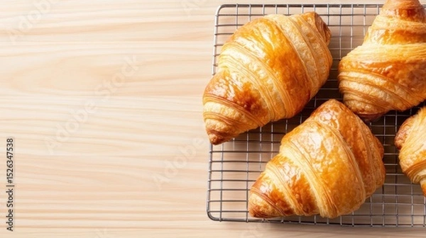 Obraz This image showcases a collection of freshly baked, golden brown croissants resting on a cooling rack, evoking the warmth and aroma of a classic bakery.