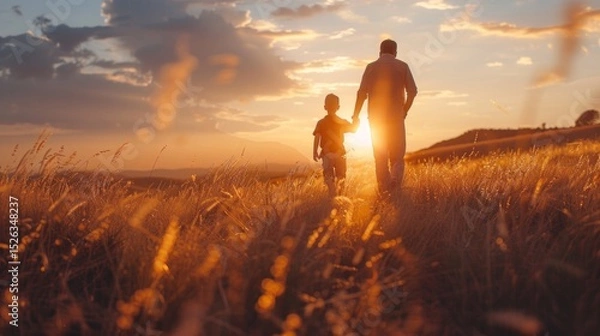 Fototapeta Father and son are walking through the field at sunset. Useful in articles about family values and parenting.