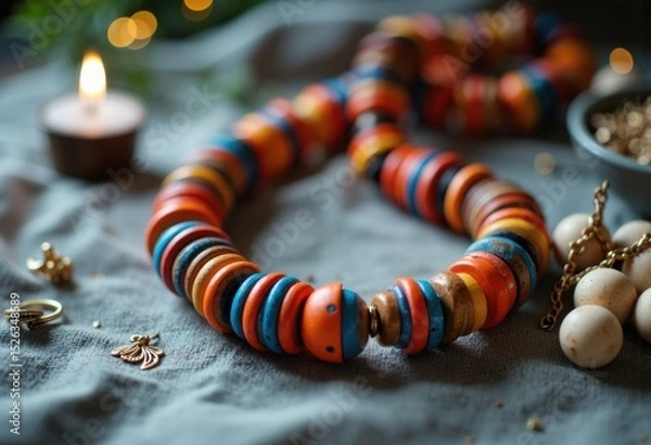 Fototapeta Colorful beaded necklace with jewelry and candle on a textured surface for decorative display