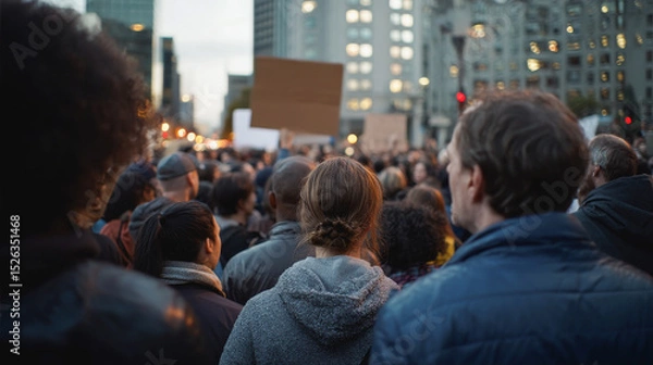 Fototapeta Crowd of multiracial people protest against inflation and financial crisis - Protesters on city street - Models by AI generative
