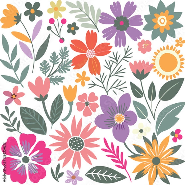 Obraz Colorful hand drawn floral elements arranged on white background ideal for design and decoration
