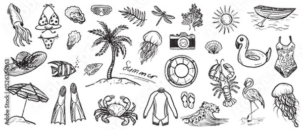 Fototapeta Sea vacation equipment in black brush stroke texture isolated on white. Hand drawn vector sketch illustration in vintage charcoal ink. Palm tree on a beach, marine animals design