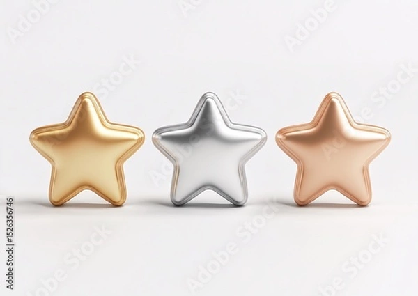 Fototapeta Shiny 3D gold, silver, and bronze stars placed on a clean white background, ideal for ratings, awards, gamification, or achievement-based visuals.