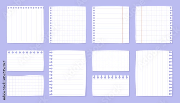 Obraz Collection of blank sheets of white paper in a checkered or striped pattern. Notebook sheets, notepad pages, notes sheets, clean blanks.