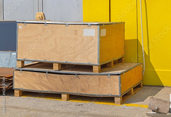 Fototapeta Stacked Heavy Load Wooden Case Box Cargo Pallet Packages