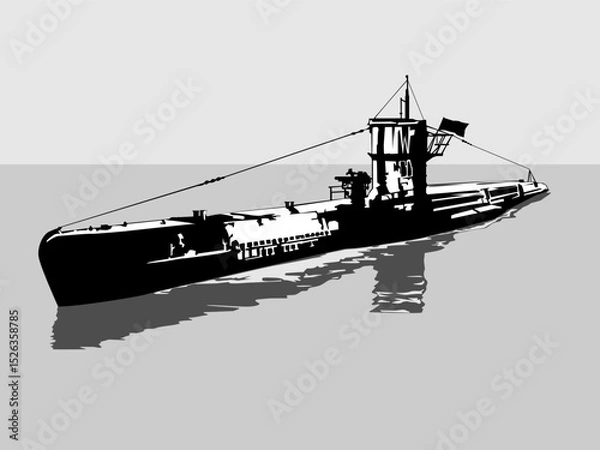 Obraz black and white vector illustration of submarine from world war 2 on water in sea, for design of military naval illustrations and stylish silhouettes