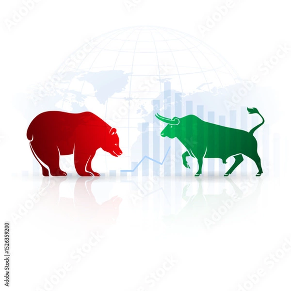 Obraz Bear and Bull on the Background of the World Map