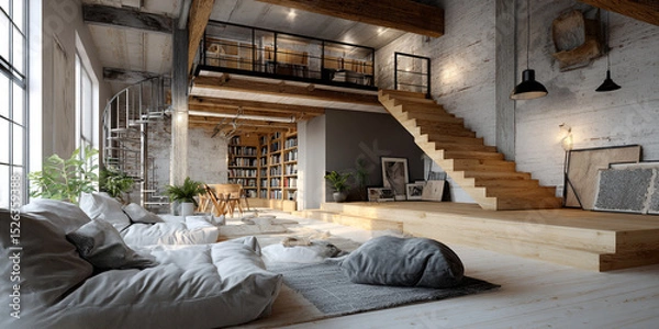 Fototapeta A cozy living room with a large couch and a coffee table, Modern Living Room With Dark Tones And Industrial Design Elements