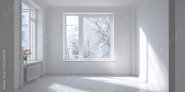 Fototapeta Sunlight streams into a minimalist room with white walls, The open white modern plastic window in the room,