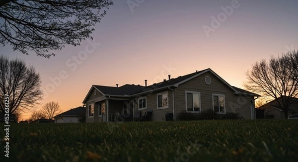 Fototapeta Suburban Home at Dusk Serene Evening Sky and Silhouette Trees