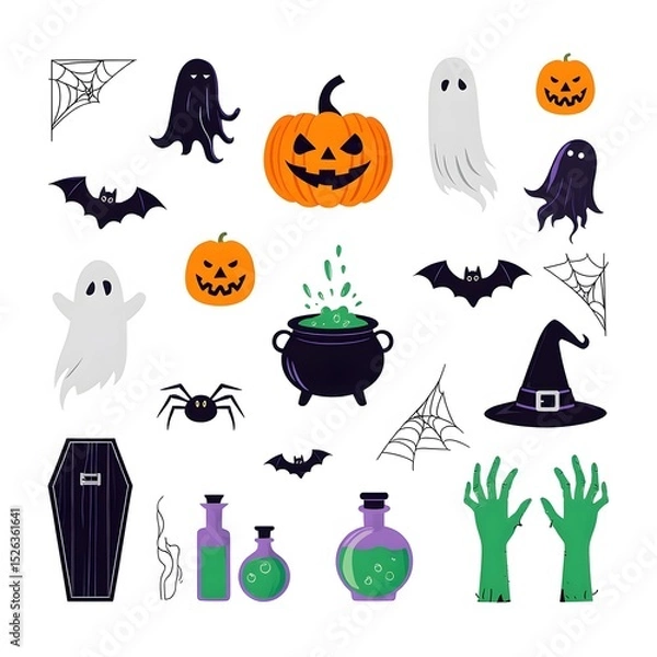 Obraz A collection of festive and spooky halloween illustrations in flat vector style