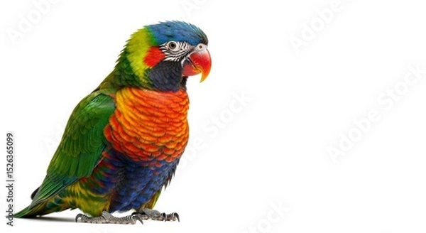 Fototapeta A colorful lorikeet parrot standing against a plain white background in a studio setting