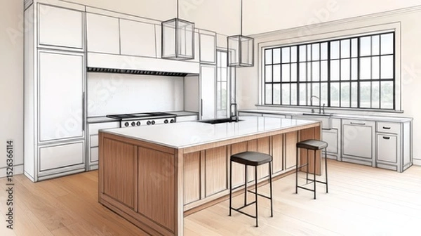 Obraz Modern Farmhouse Kitchen Design Sketch Island, Cabinetry, Window, Lighting, Kitchen Design, Farmhouse Style Kitchen Design, Farmhouse Style