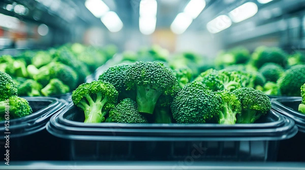 Obraz Broccoli, tape in the food industry, products ready for automatic packaging. Concept with automated food production