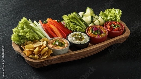 Obraz Colorful platter of fresh vegetables and dips arranged on a wooden board
