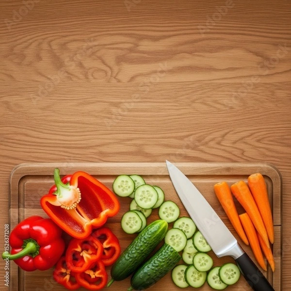 Fototapeta Meal prep scene with colorful fresh vegetables—peppers, zucchini, onions, and parsley—chopped on a cutting board, top view
