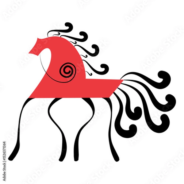 Fototapeta Vector red horse drawn in mezensky style. Mezen painting. Mezensky style. Illustration of red horse in geometric art style isolated on white background