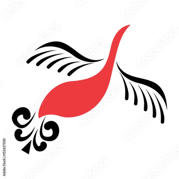 Fototapeta Vector red bird drawn in mezensky style. Mezen painting. Mezensky style. Illustration of red bird in geometric art style isolated on white background