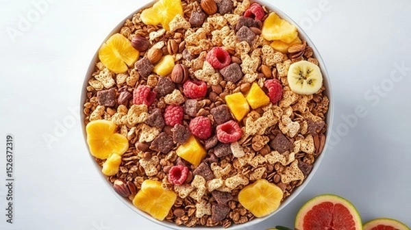 Obraz Colorful bowl of mixed granola with fruits and nuts on a light background